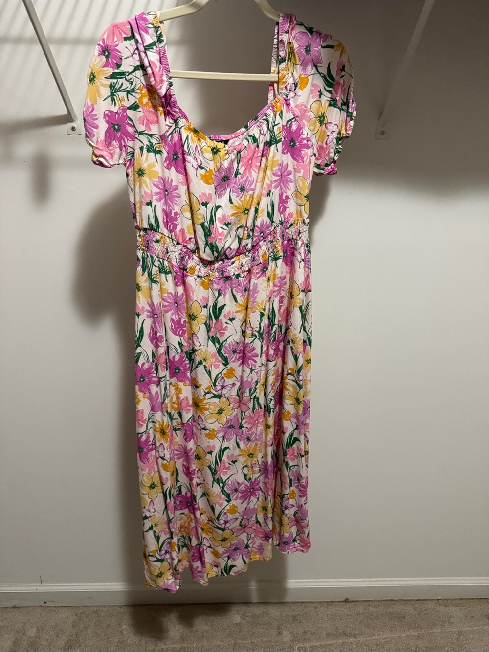 BloomChic Pink and Yellow Floral Scoop-Neck Midi Dress